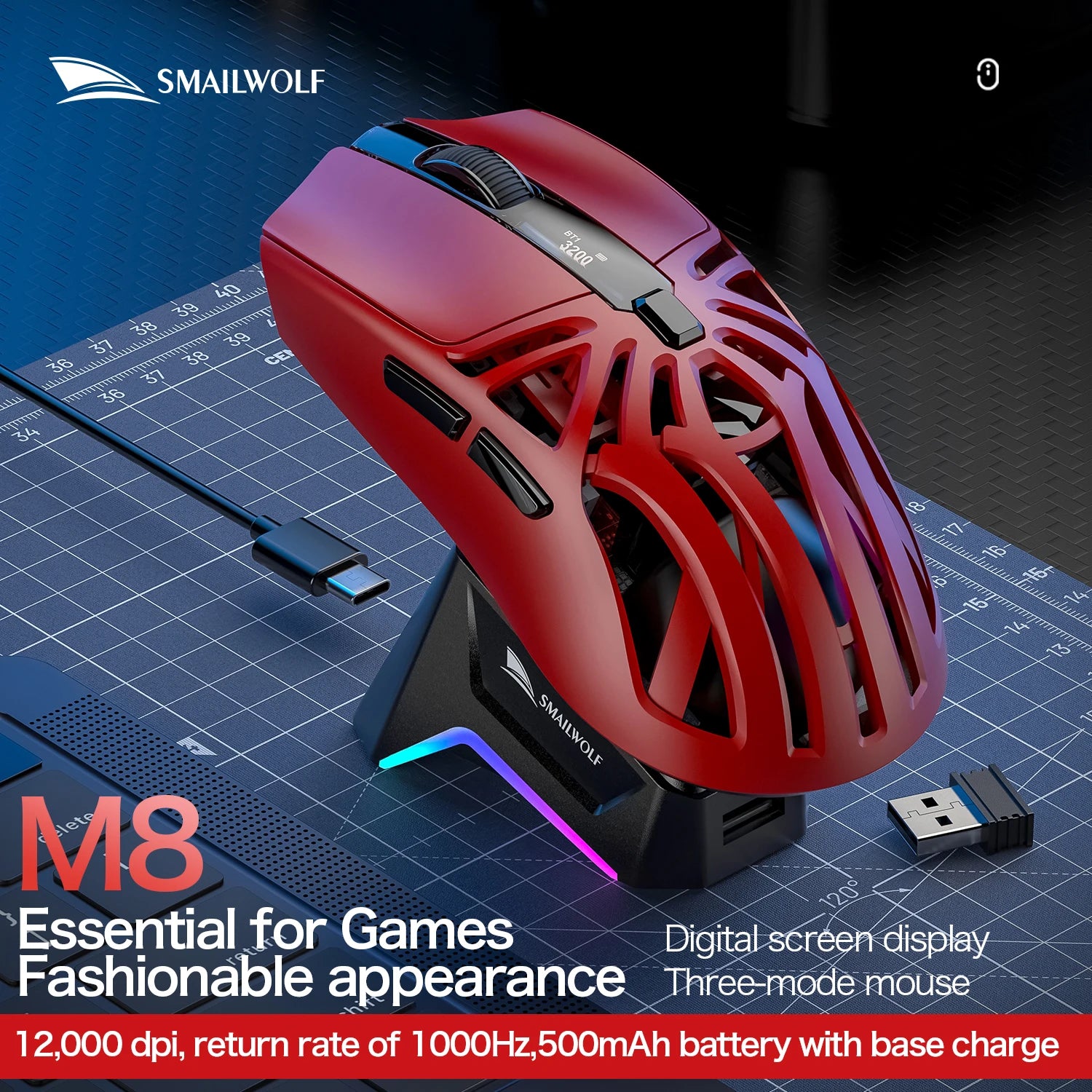 Wireless Gaming Mouse with Three Mode Connectivity and 12000 DPI Precision Sensor