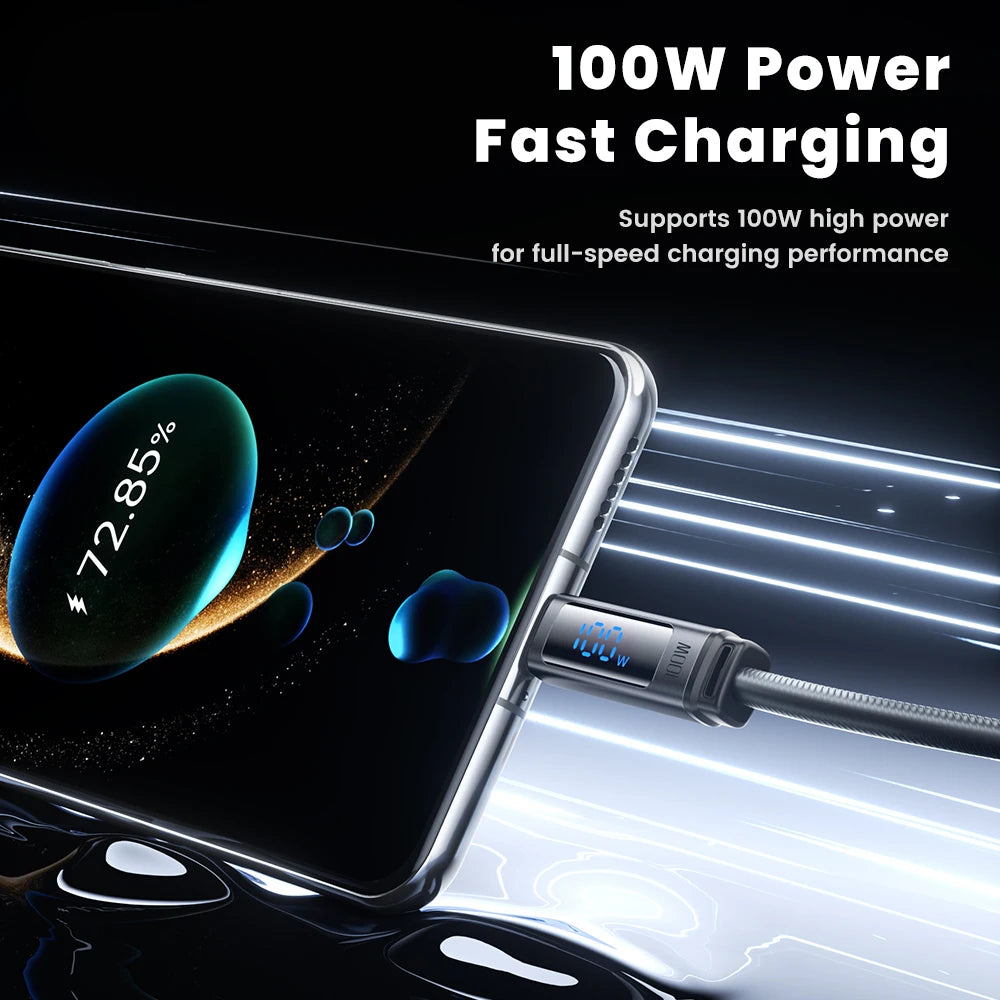 100W Fast Charging USB A to USB C Cable with Real Time Digital Display for Smartphones
