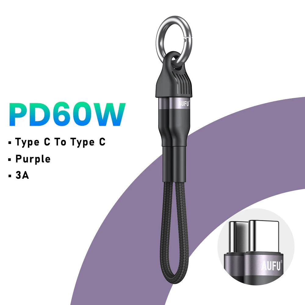 PD60W USB Type C to Type C Fast Charging Short Cable with Keychain for Laptop and Phone