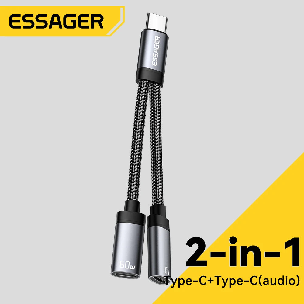 Essager 2-in-1 Type-C to 3.5mm AUX Audio Adapter with 60W PD Fast Charging for iPhone 16, Samsung