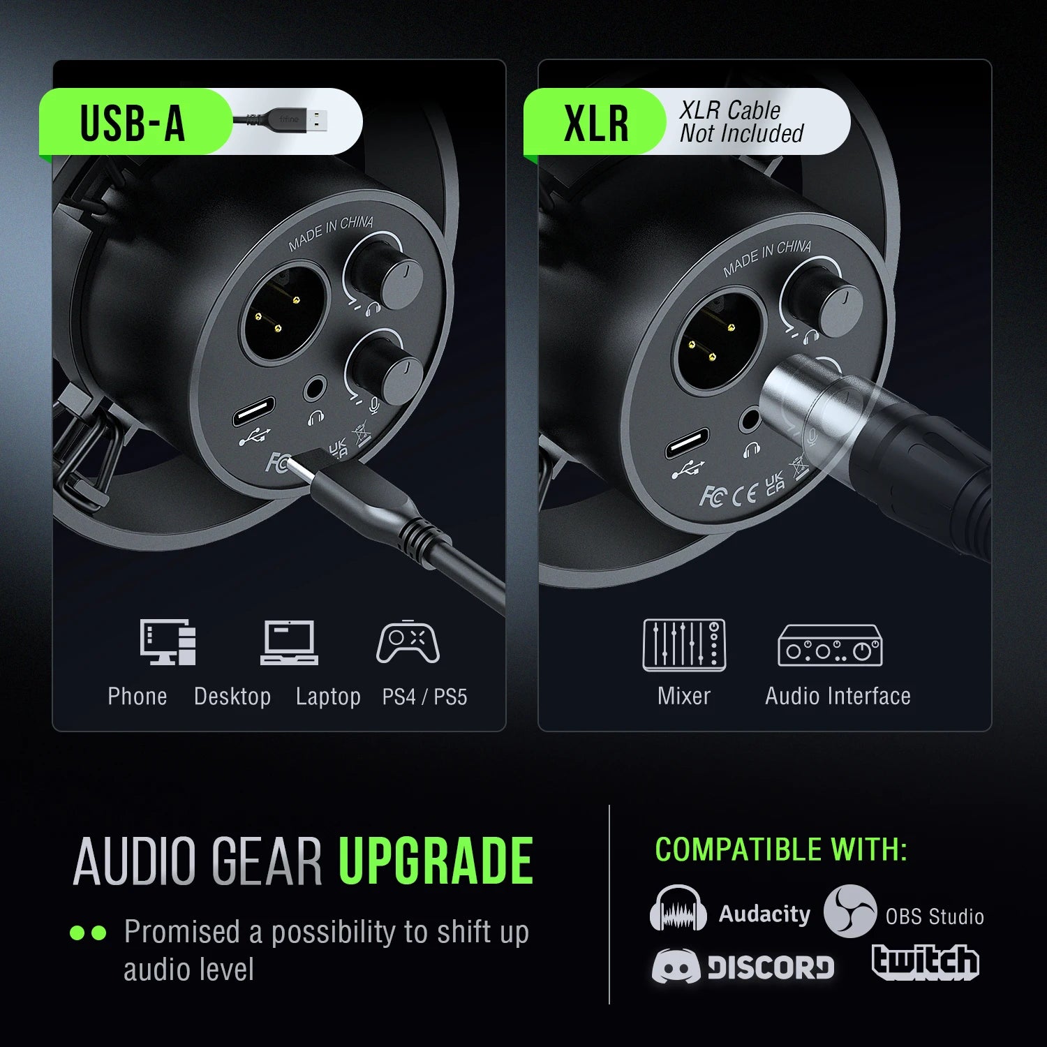 USB and XLR Dynamic Microphone with Shock Mount Touch Mute Headphone Jack for PC Studio Recording