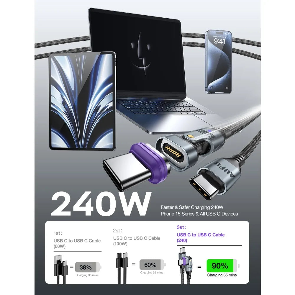 Magnetic 240W Fast Charging USB Cable with 180 Degree Rotation for iPhone and Type C Devices