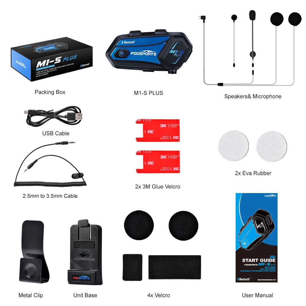 Motorcycle Bluetooth Helmet Intercom Headset with Music Sharing FM Radio and 8 Rider Connection