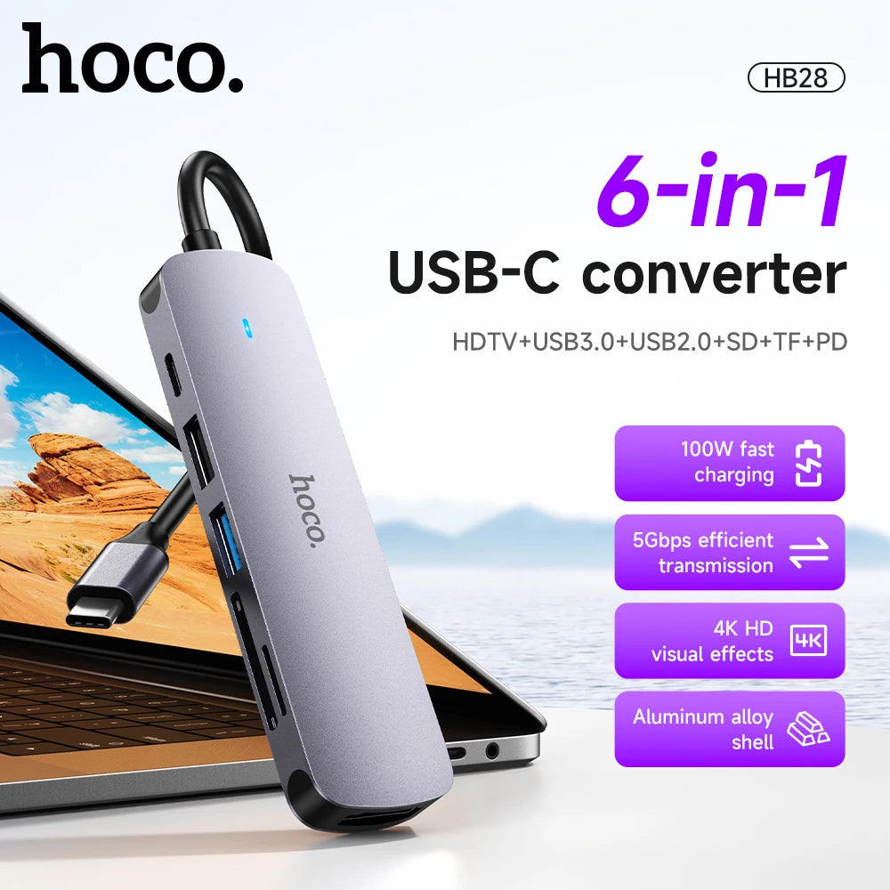 Ultra Compact 6-in-1 USB Type-C Hub Adapter with 4K HDMI PD Charging SD TF Card Reader and USB Ports