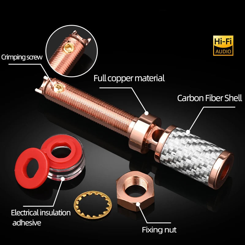Premium 4PCS Purple Copper Carbon Fibre Speaker Binding Posts Solderless Banana Terminals