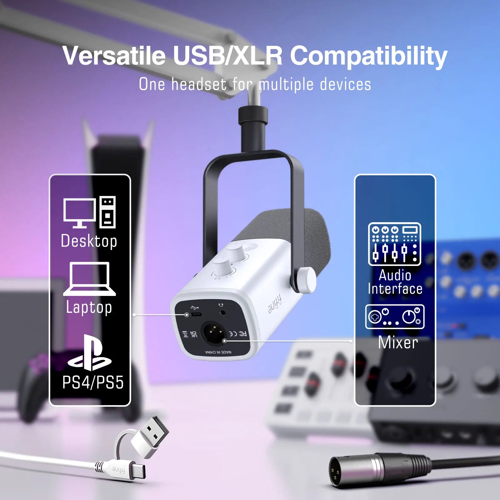 USB XLR Dynamic Gaming Microphone Kit with Boom Arm RGB Monitoring for PC PS5 PS4 Streaming