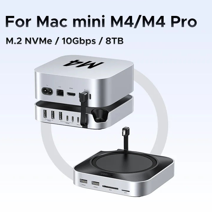 Mac Mini M4 Docking Station 11-in-1 USB-C USB-A NVMe SSD Hub SD TF Card Reader 10Gbps