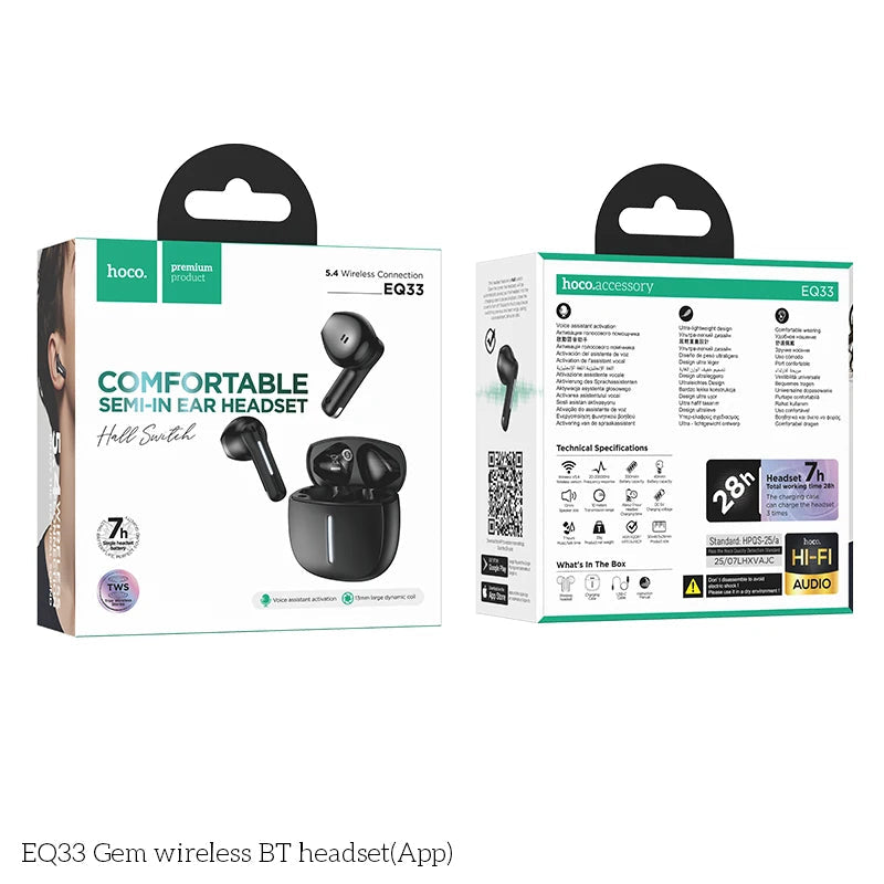 Wireless Semi in Ear Bluetooth Earbuds with APP Control, Stereo Sound and Microphone, HiFi Audio