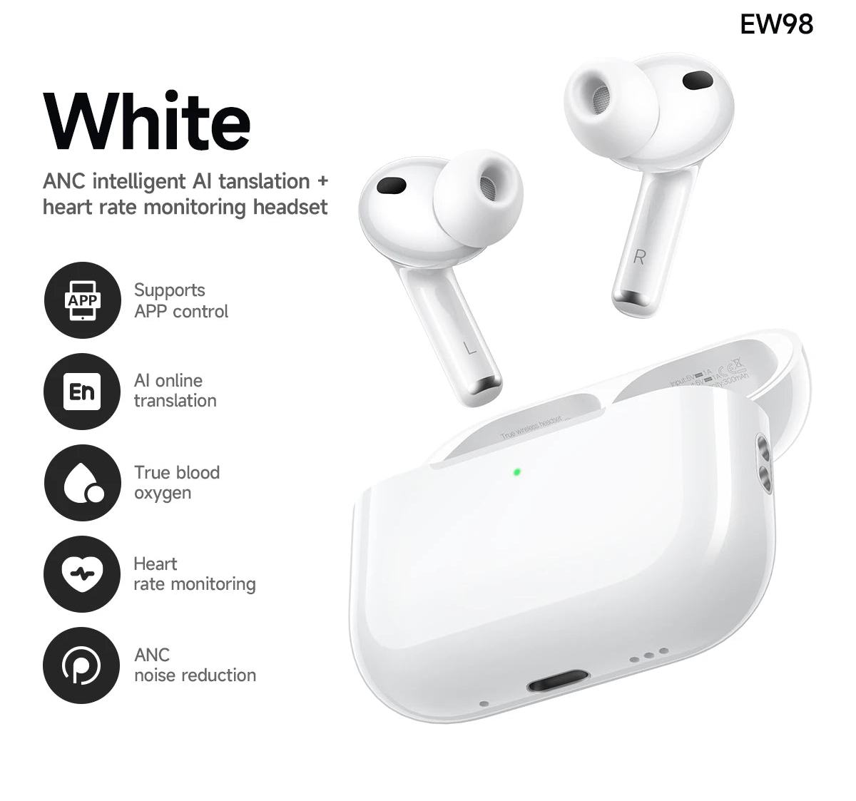 True Wireless Earbuds with ANC Heart Rate Monitor Bluetooth AI Translation Long Battery Life
