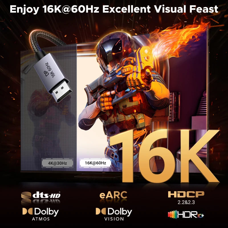 16K DisplayPort 2.1 Cable 80Gbps HDR Video Audio Lead for 8K 4K PC Monitors TVs Gaming