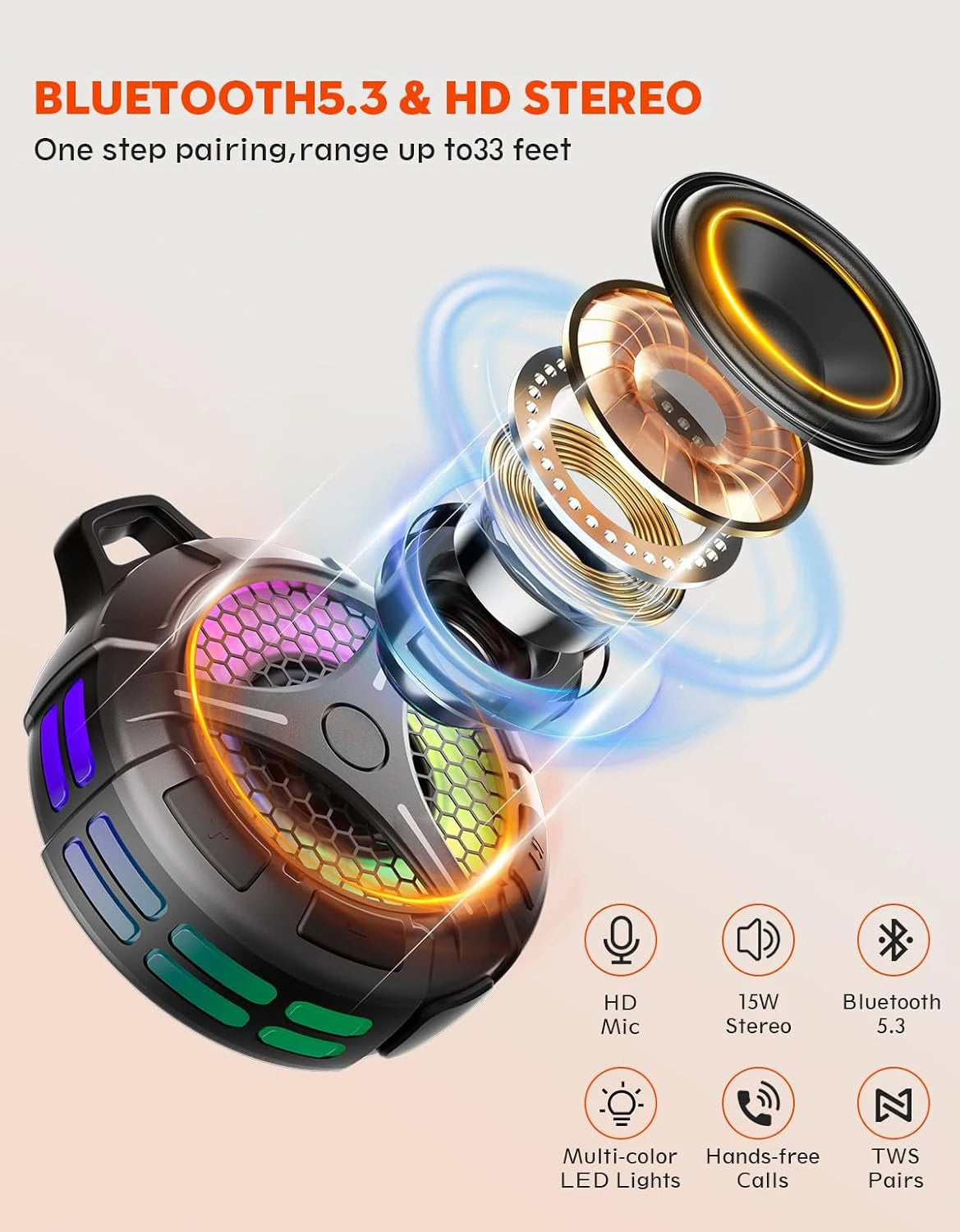 Portable Bluetooth Shower Speaker with LED Light and IP67 Waterproof Stereo Sound