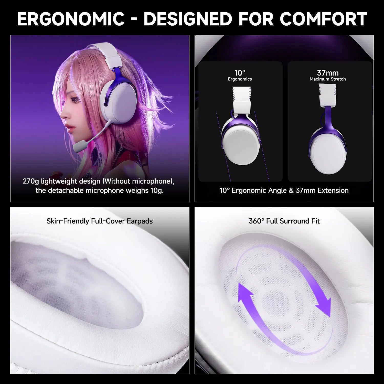 Quad-Mode Wireless Gaming Headset with 7.1 Surround Sound, Detachable Mic and 53mm Drivers