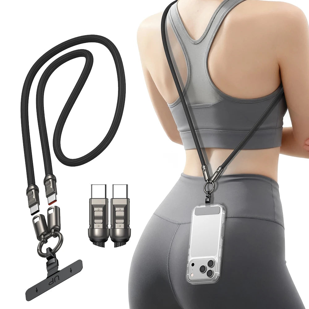 240W USB Type C to Type C Fast Charging Phone Lanyard Cable with Braided Neck Strap 1.2m