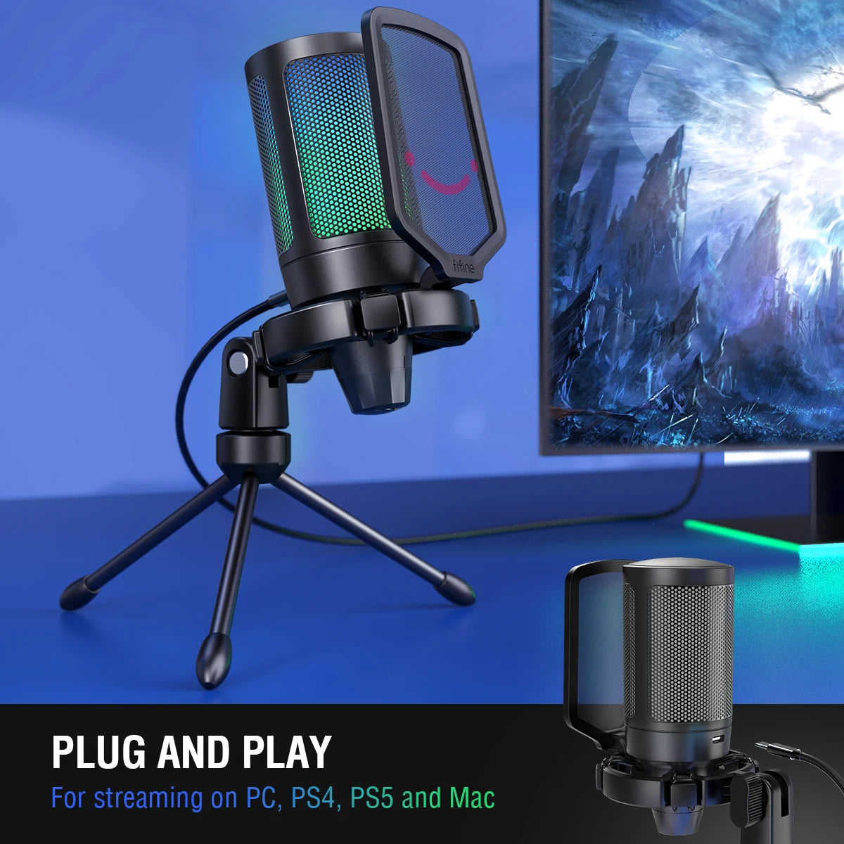 USB Gaming Microphone with RGB Lighting Cardioid Condenser Mic for PC PS4 PS5 Mac Streaming