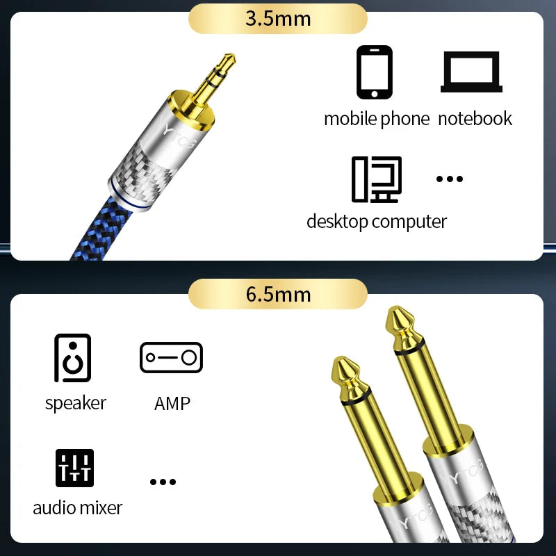 Premium 3.5mm to Dual 6.35mm OCC Audio Cable with Gold Plated Connectors for Amplifier and Studio
