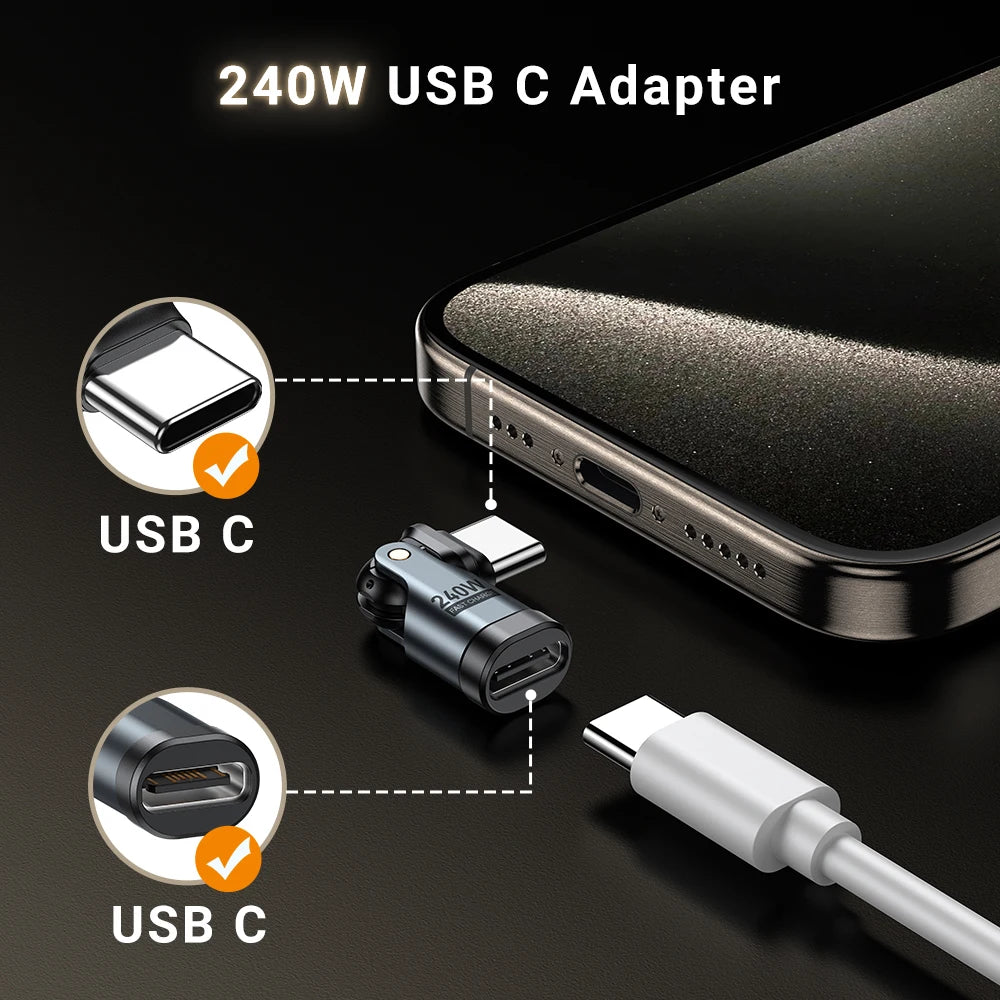 240W USB C Fast Charging Male to Female Converter Adapter with 180 Degree Elbow Design