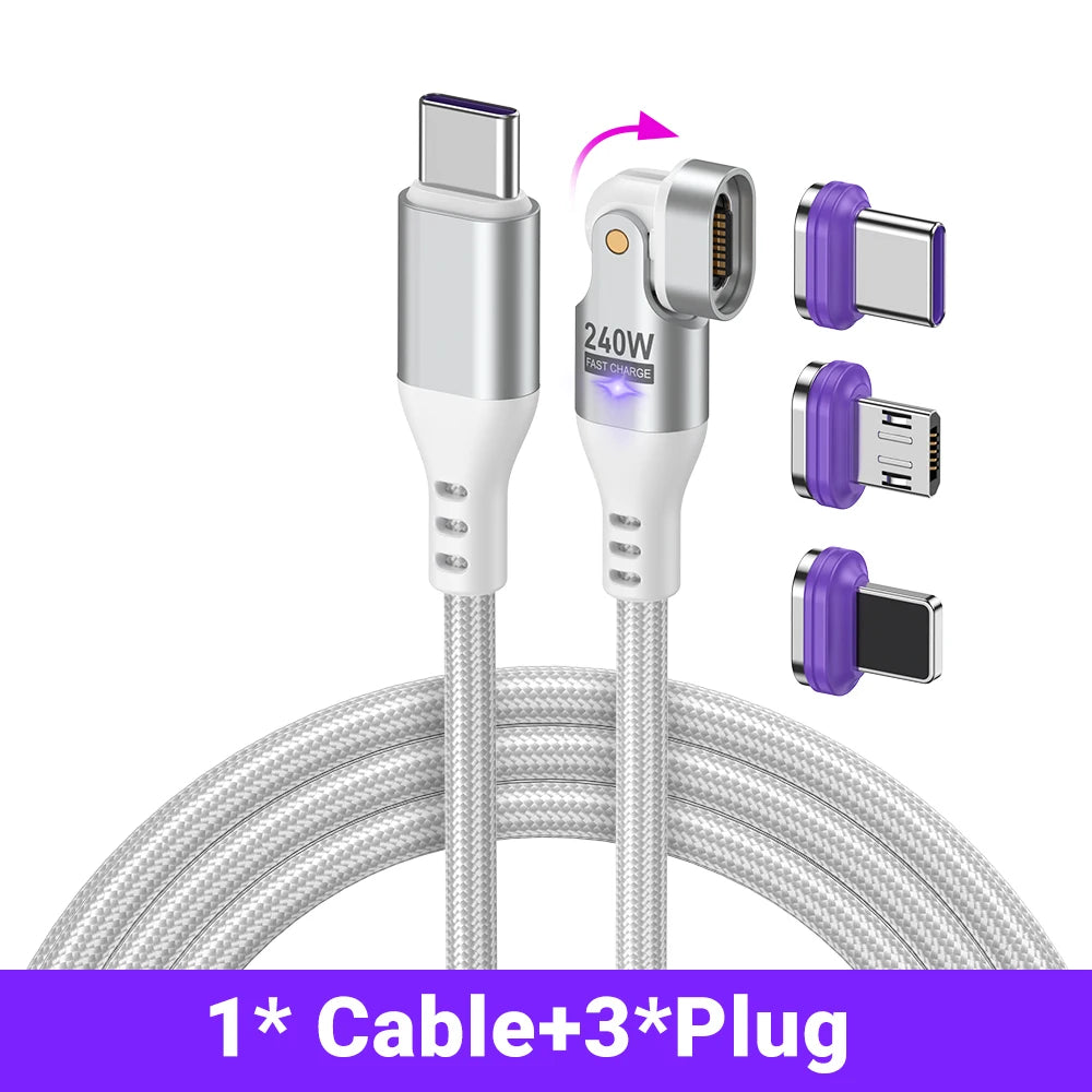 Magnetic 240W Fast Charging USB Cable with 180 Degree Rotation for iPhone and Type C Devices