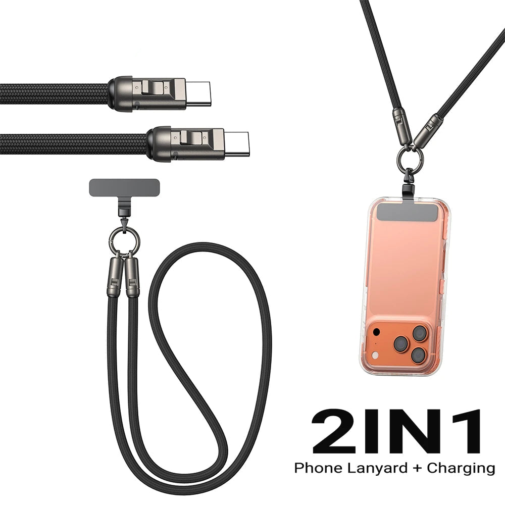 240W USB Type C to Type C Fast Charging Phone Lanyard Cable with Braided Neck Strap 1.2m