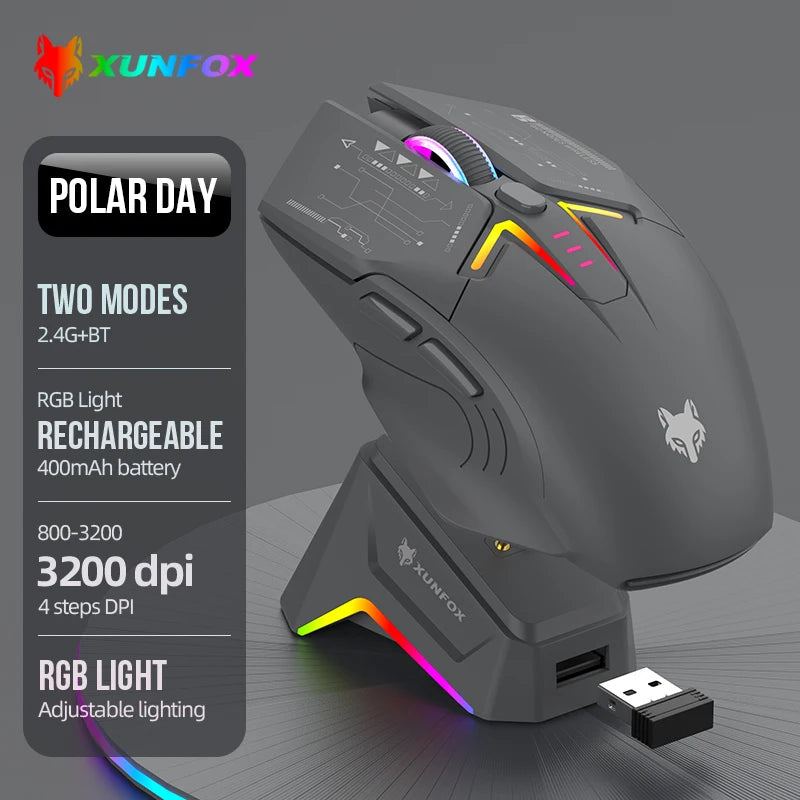 Wireless Bluetooth RGB Mouse with Magnetic Charging and Dual Mode for Gaming and Work