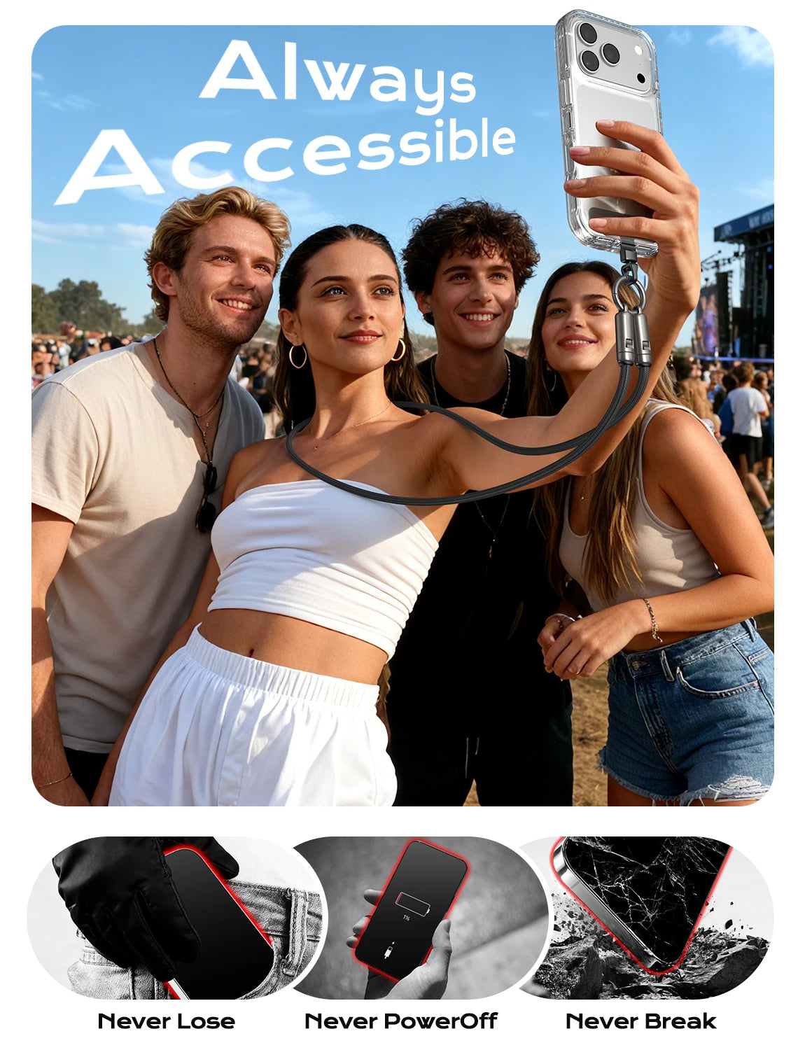 240W USB Type C to Type C Fast Charging Phone Lanyard Cable with Braided Neck Strap 1.2m