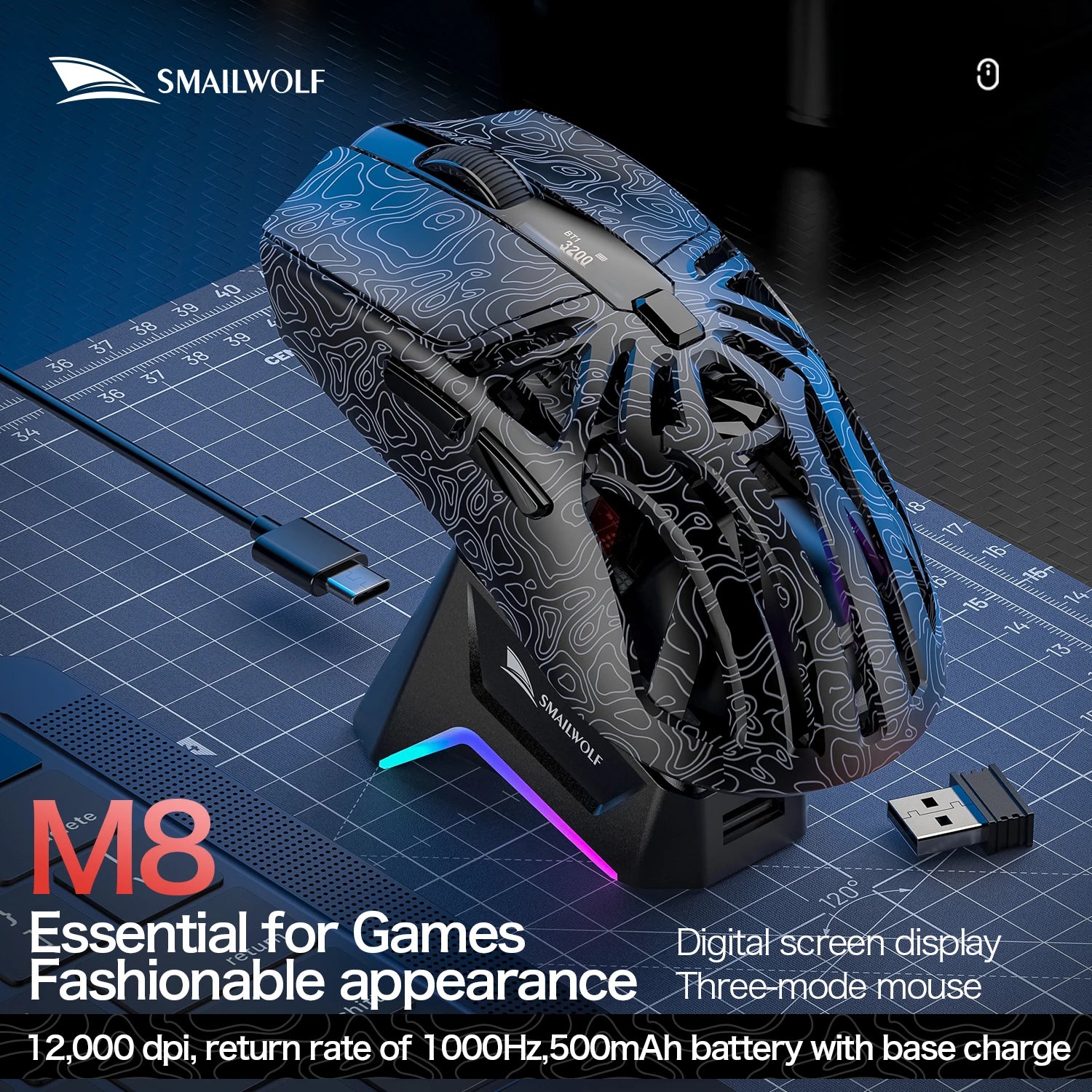 Wireless Gaming Mouse with Three Mode Connectivity and 12000 DPI Precision Sensor