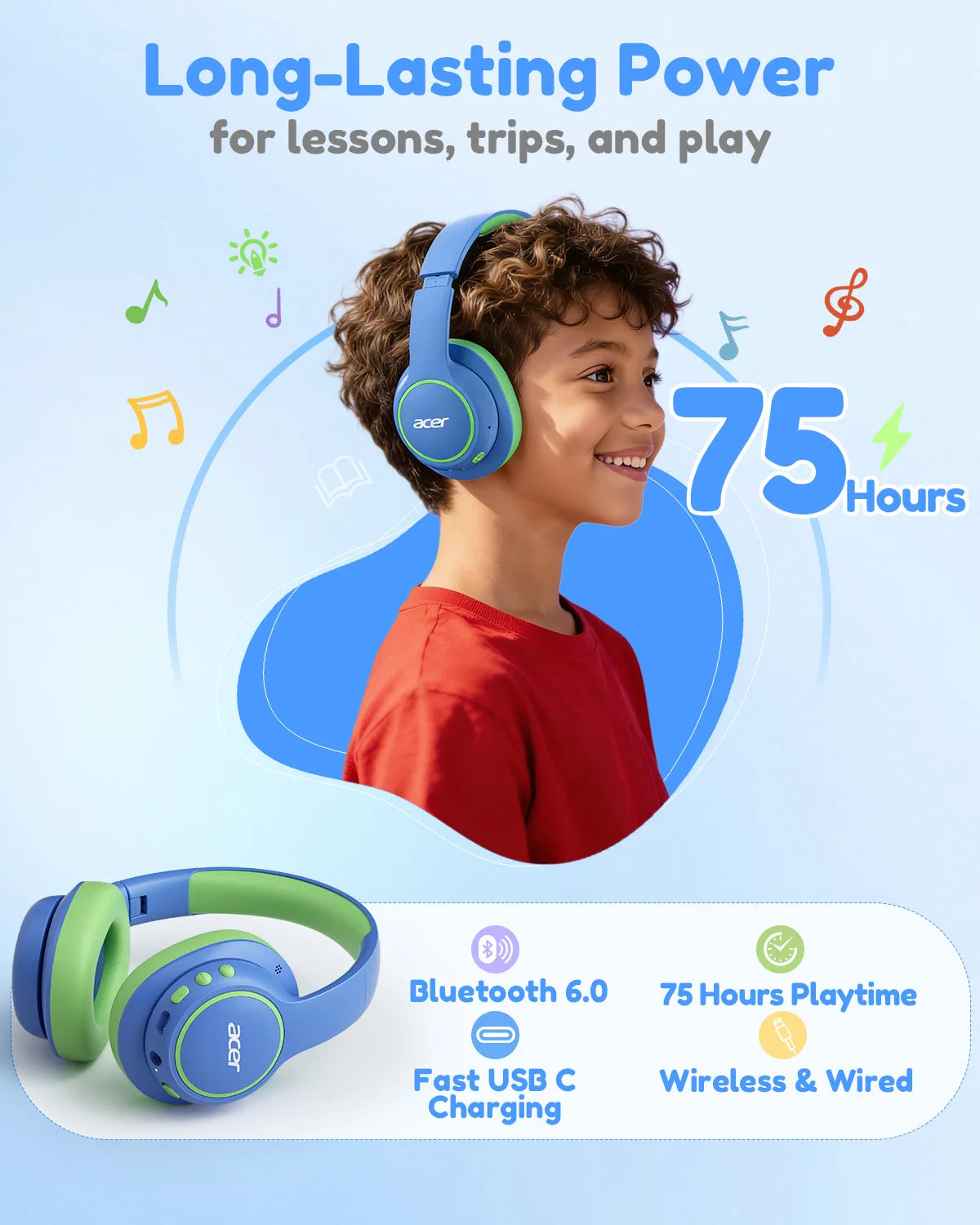 Kids Bluetooth Over Ear Headphones with Mic Safe Volume and Fast USB C Charging