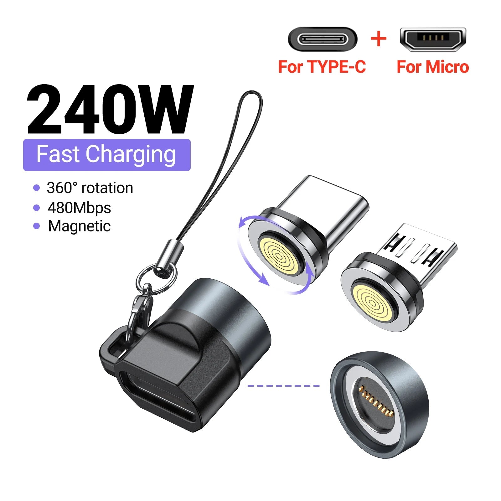 240W Mini Magnetic USB C Adapter Type C to Type C Fast Charging Data Converter Connector