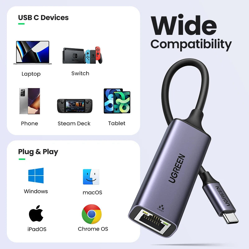 USB C to Ethernet Adapter Gigabit 1000Mbps RJ45 LAN Network Dongle for Laptop Tablet