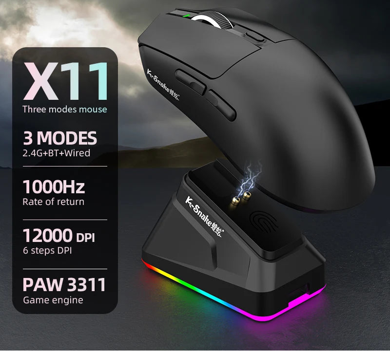 Three Mode Wireless Gaming Mouse with Bluetooth Connectivity and 12000 DPI Optical Sensor