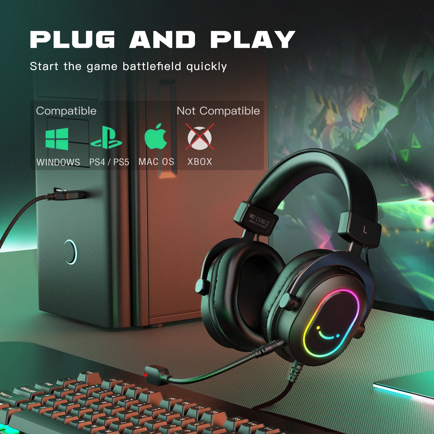 USB Gaming Headset with 7.1 Surround Sound RGB Mic 3 EQ Modes Line Control Plug and Play for PC PS5