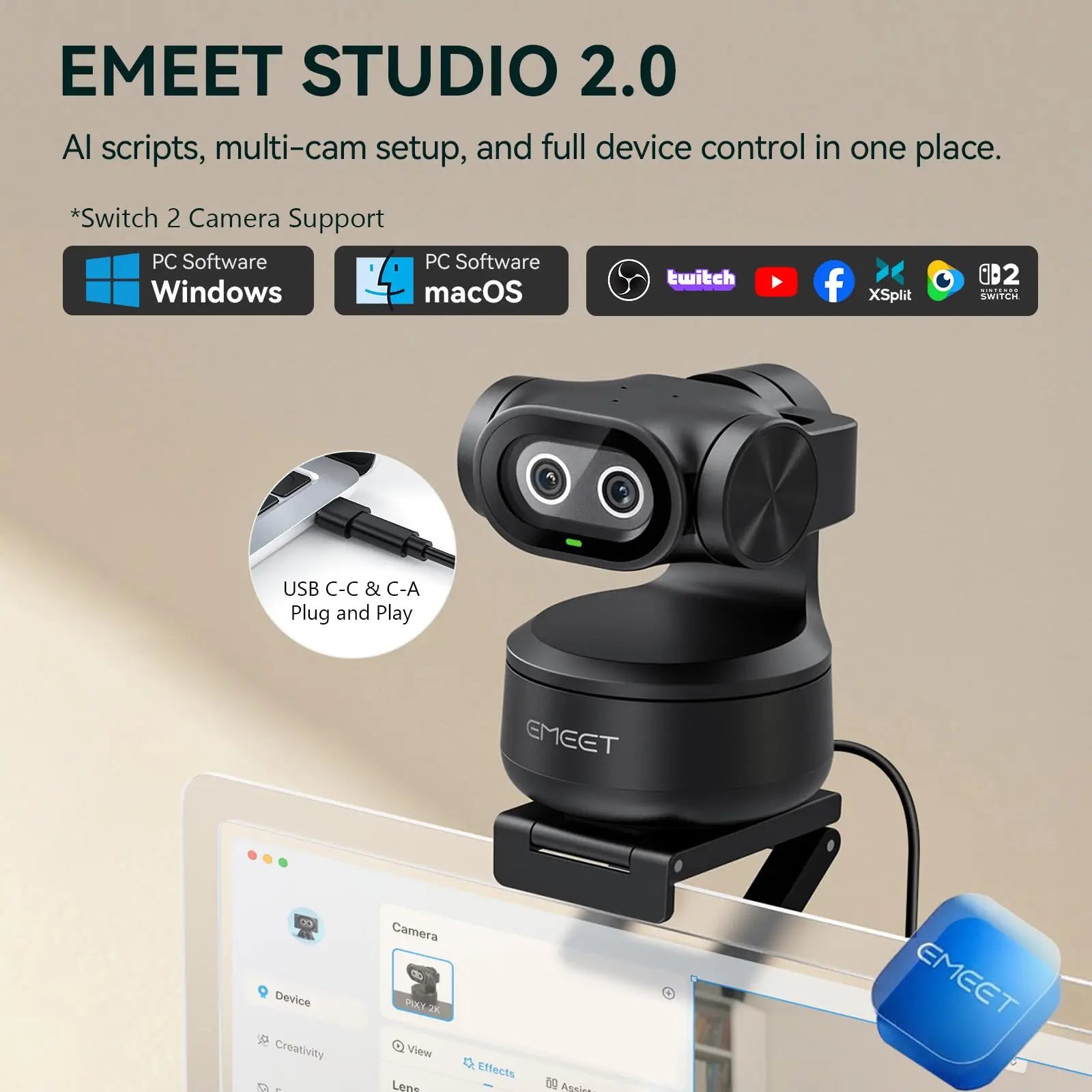 2K PTZ Webcam with AI Tracking Autofocus, Gesture Control, Sony Sensor and Streaming Support