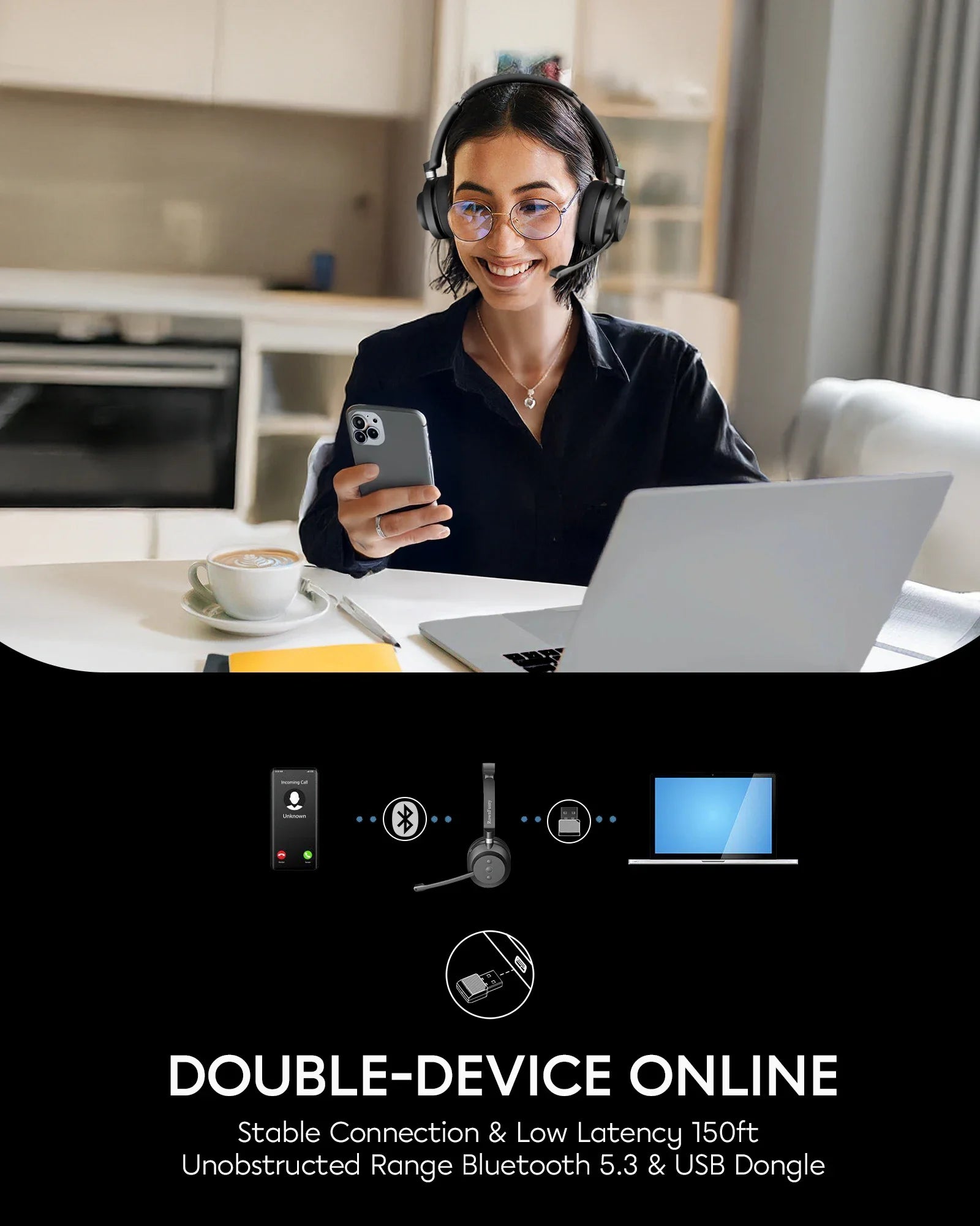 Wireless Bluetooth Over Ear Headset with Noise Cancelling Microphone for Work and Social Calls