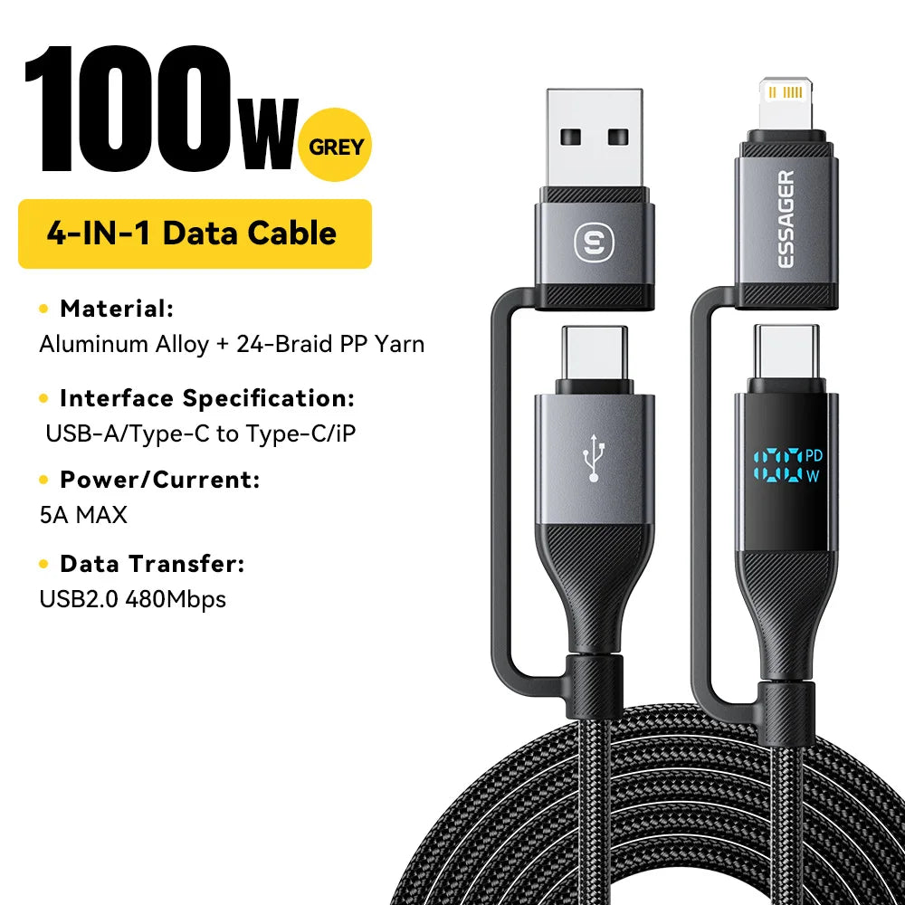 4-in-1 USB-C Cable with Digital Display 100W PD Fast Charging for iPhone MacBook iPad Xiaomi