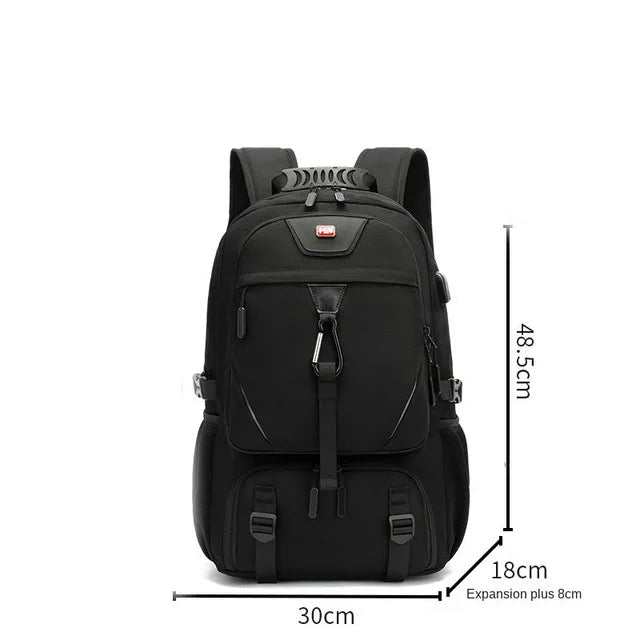 Large capacity outdoor backpack with USB charging and multiple compartments for travel hiking camping