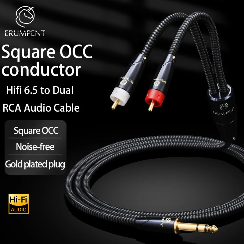 Premium OCC Copper 6.5mm TRS to Dual RCA Stereo Audio Cable for Amplifier and Speaker