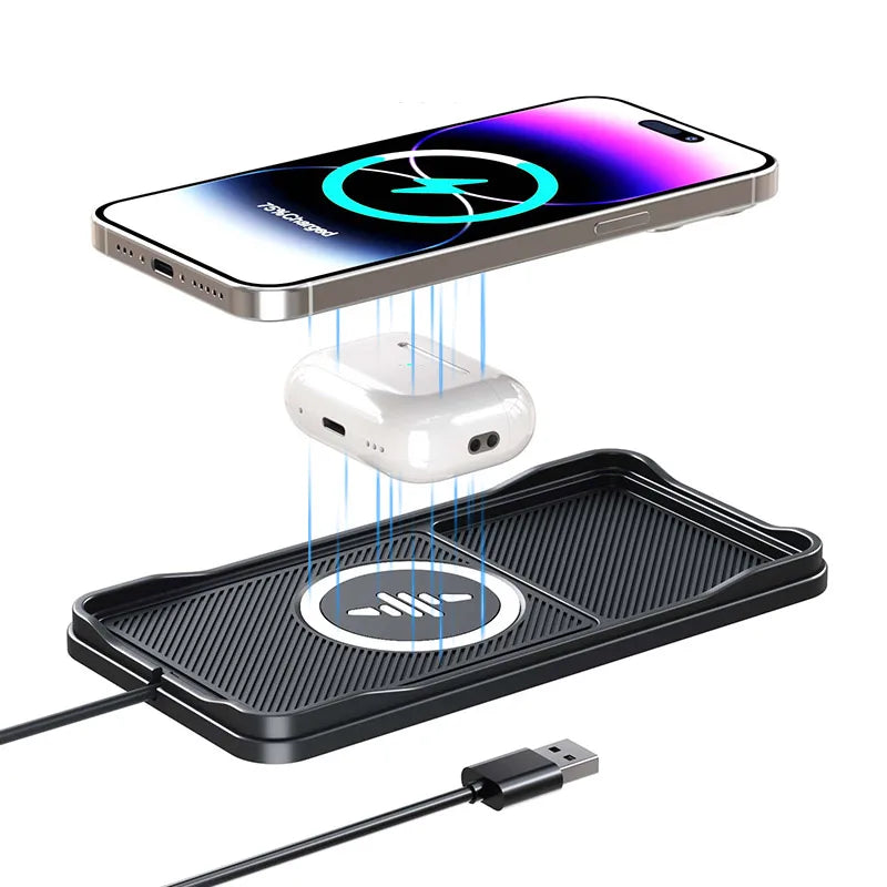 Wireless Car Charging Pad with Fast Type C Connection and Non Slip Design for Smartphones
