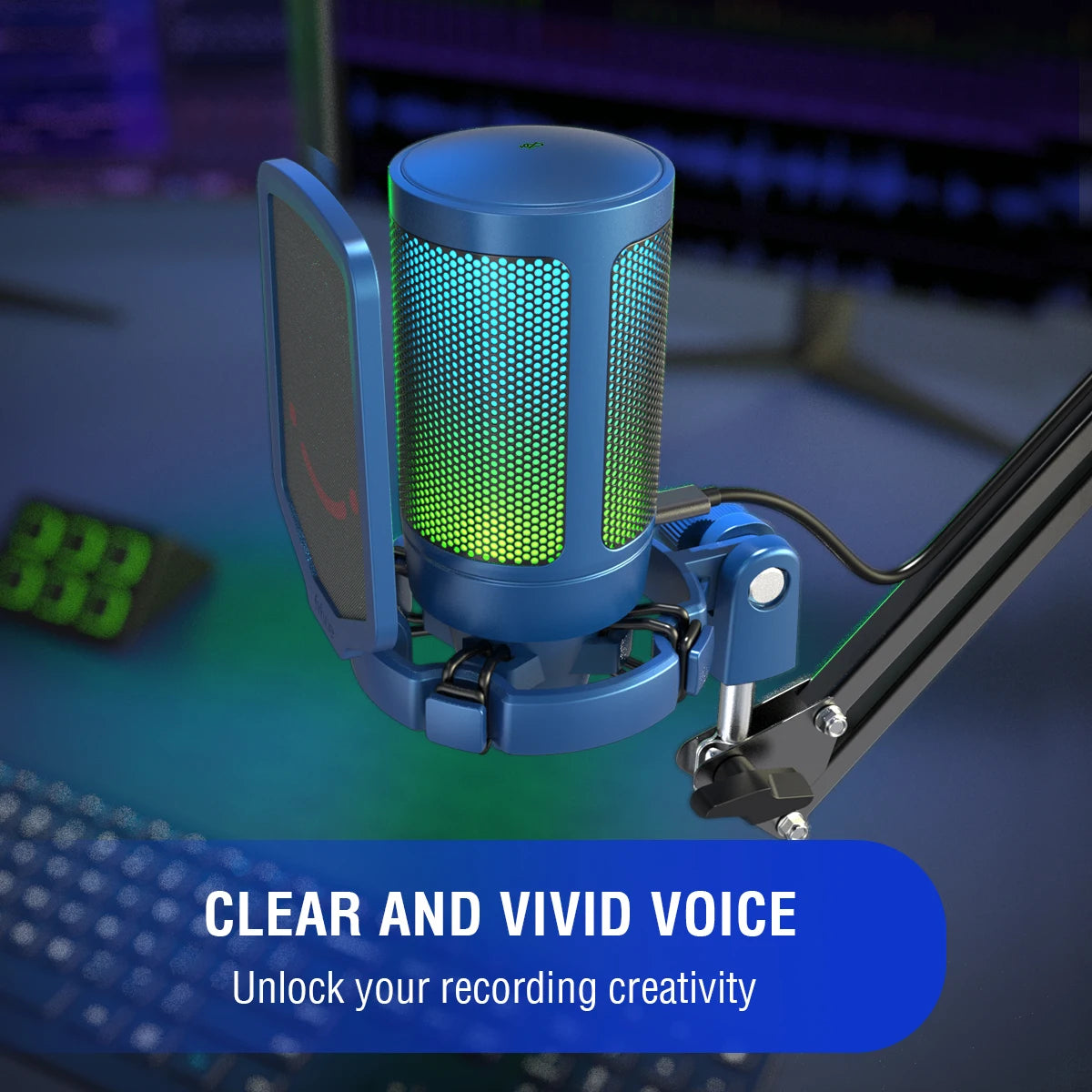 RGB USB Condenser Gaming Microphone with Pop Filter Shock Mount Gain Control Plug and Play for PC