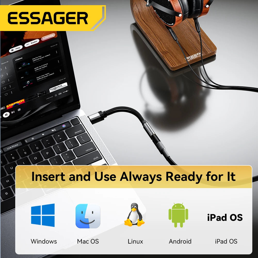 Essager Type-C to 3.5mm Audio Adapter Cable for iPhone 15, Samsung, MacBook & More
