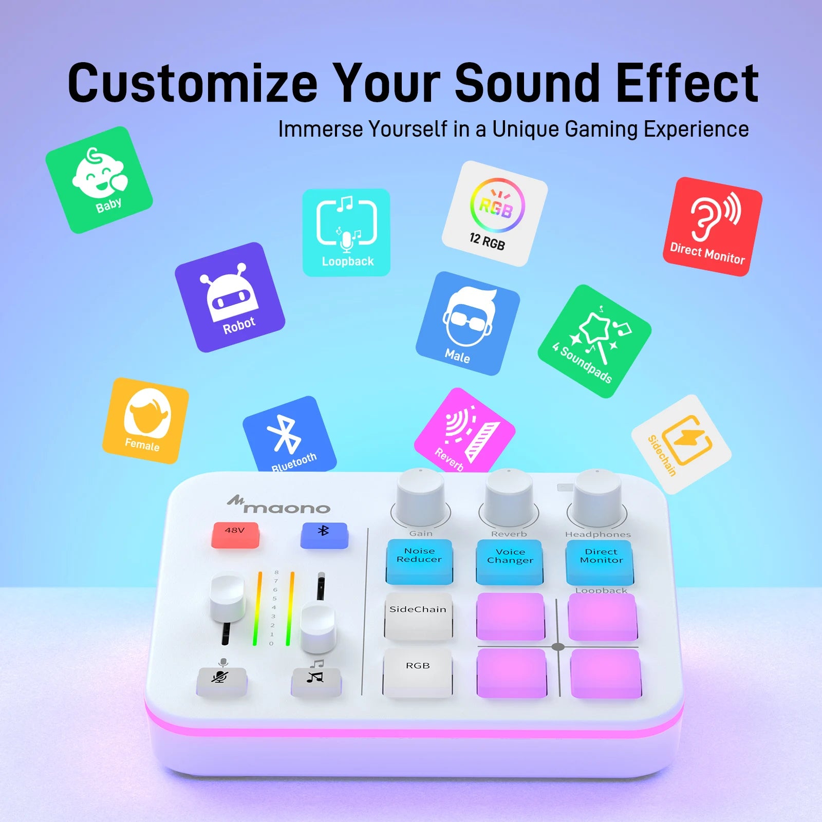 Audio Mixer with XLR Microphone Interface RGB Sound Effects for Streaming, Gaming and Podcasting