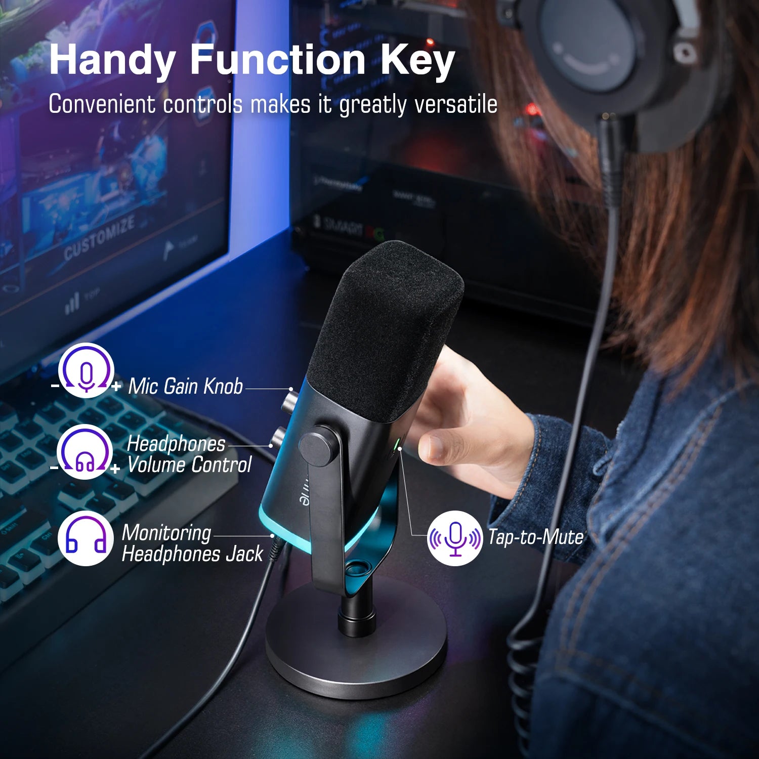 USB XLR Dynamic Gaming Microphone with RGB Control Headphone Jack and Mute for PC Streaming