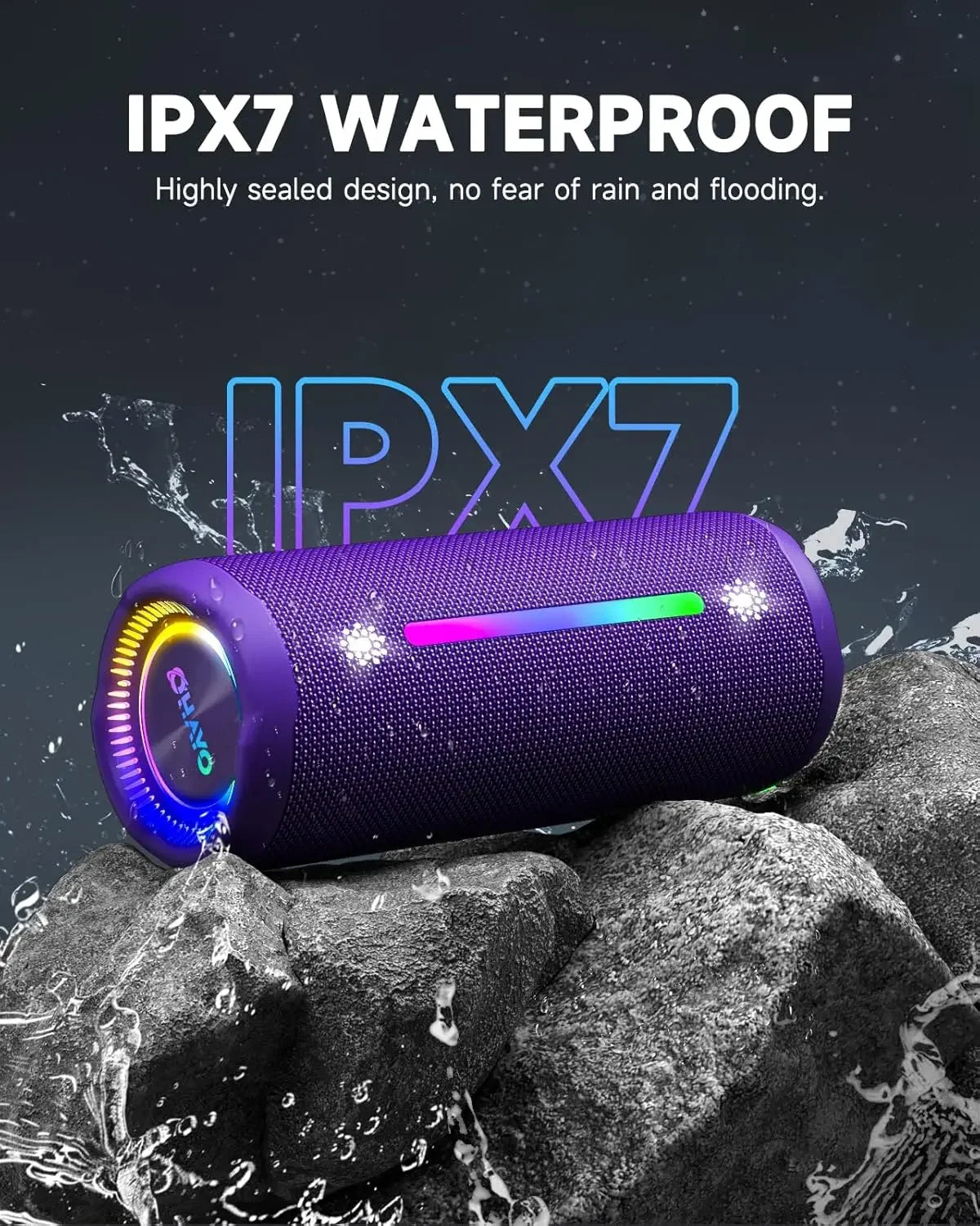 Outdoor Portable Bluetooth Speaker with RGB Lights Powerful Bass and IPX7 Waterproof Design