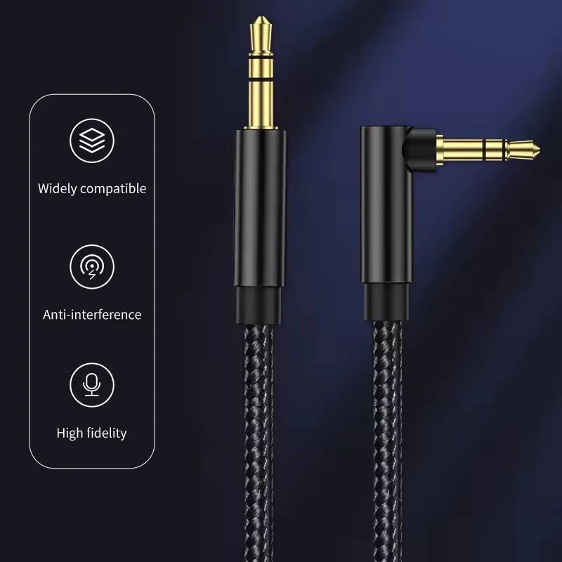 3.5mm Right Angle AUX Audio Cable Male to Male for Car, Headphones, Speakers & Phones