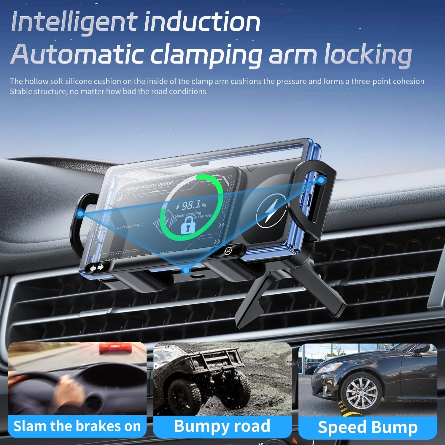 Dual Coil Fast Wireless Car Charger Stand with Foldable Design for Smartphones