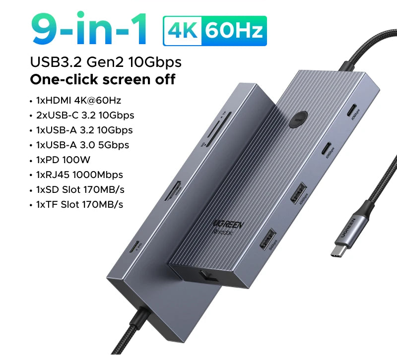 10Gbps USB-C Hub 9-in-1 Dock with 4K@60Hz HDMI, Gigabit Ethernet, SD/TF Reader and 100W PD
