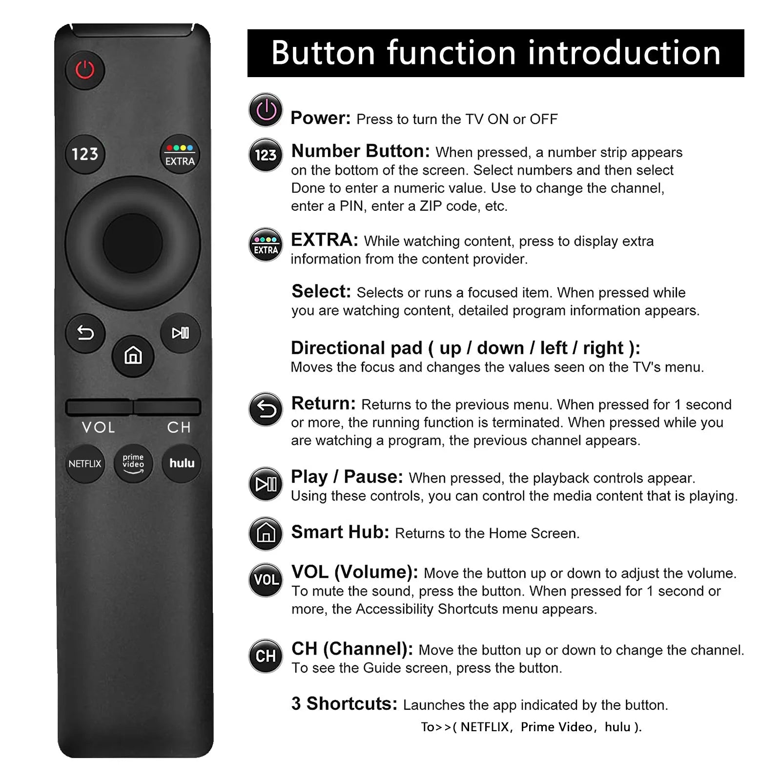 Universal Smart TV Remote Control with Streaming App Shortcuts for Samsung LED LCD UHD QLED TVs