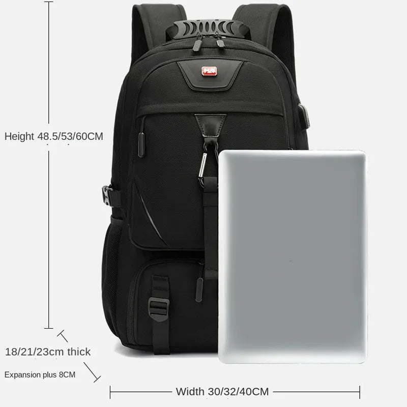 Large capacity outdoor backpack with USB charging and multiple compartments for travel hiking camping