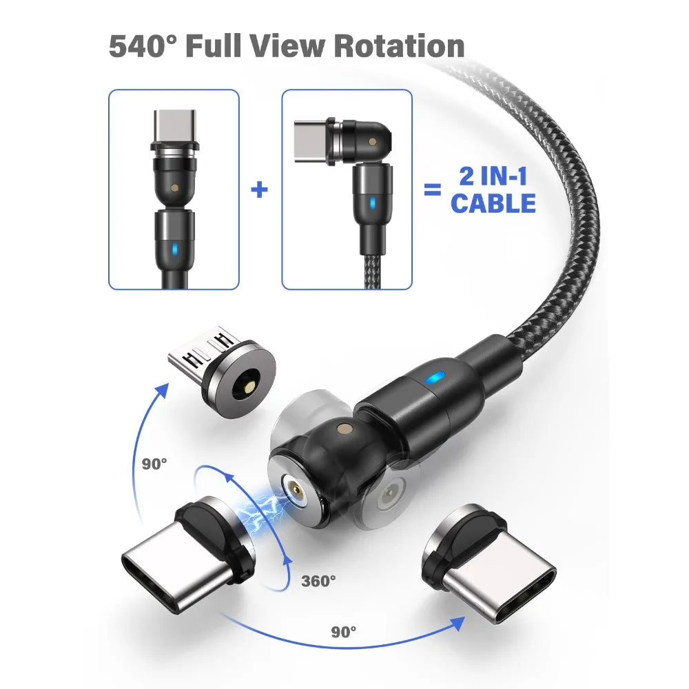 Magnetic 3 in 1 Fast Charging Cable with 540 Degree Rotate for Type C Micro USB and iPhone Devices