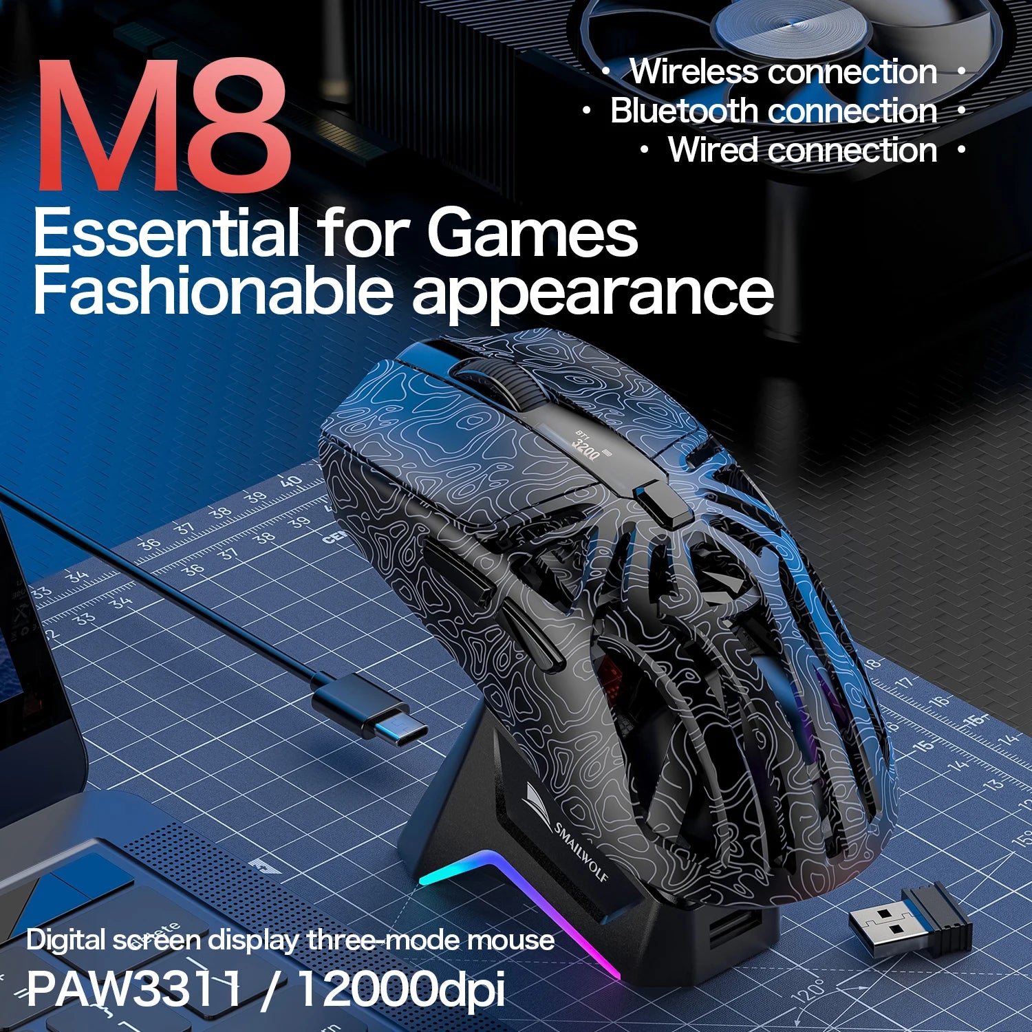 Wireless Gaming Mouse with Three Mode Connectivity and 12000 DPI Precision Sensor