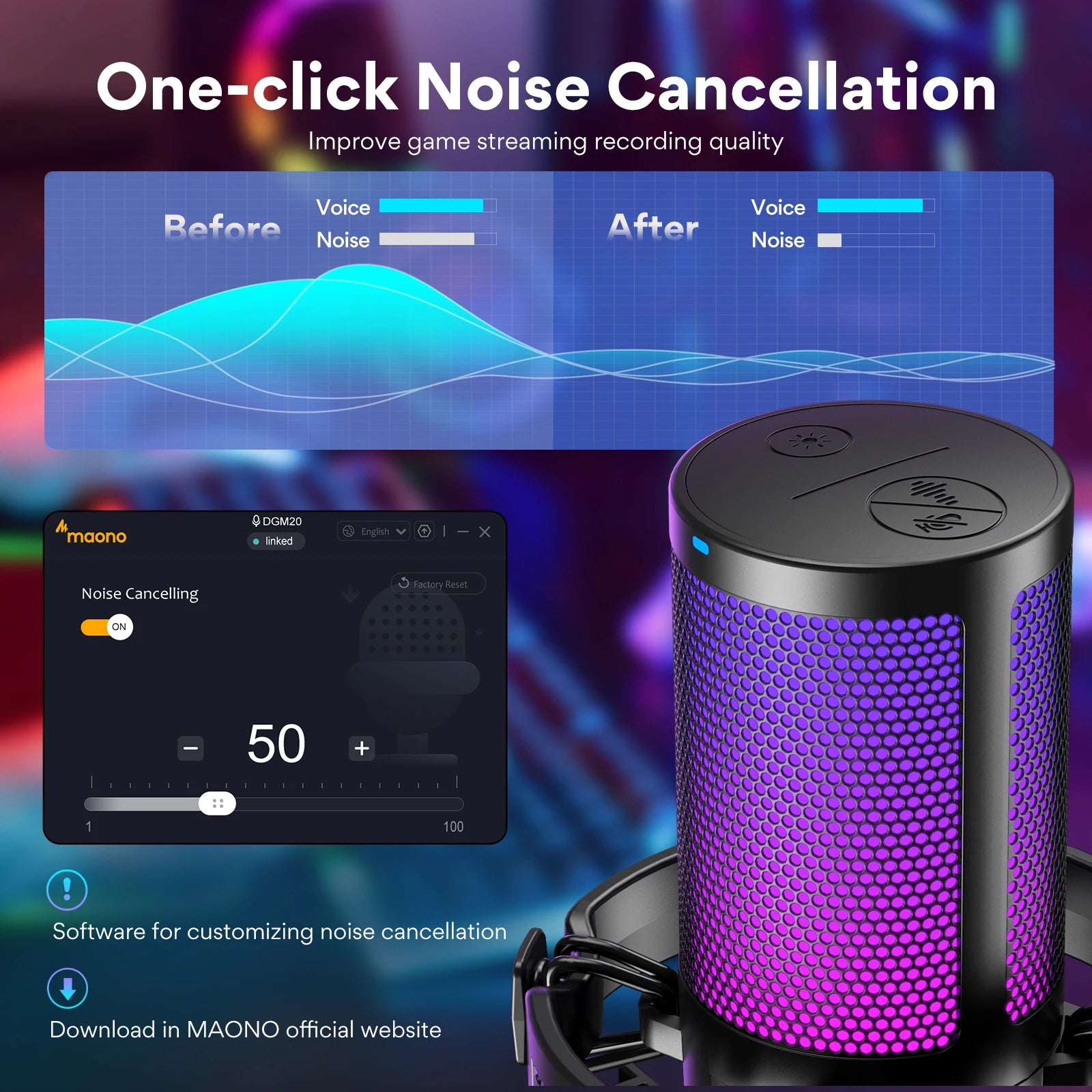 USB RGB Gaming Microphone Condenser Mic with Noise Reduction Gain Control One Key Mute