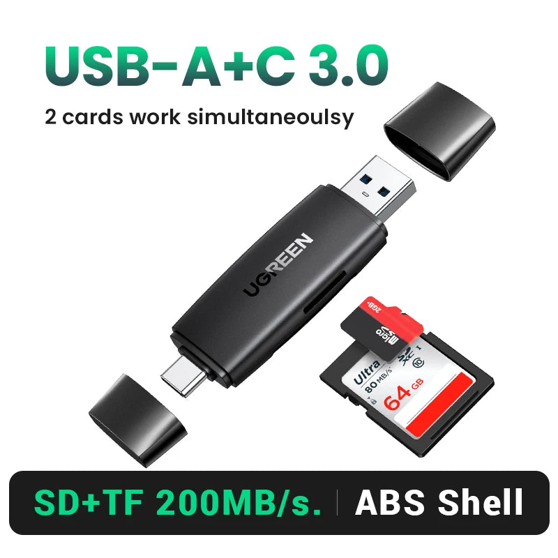 USB-C & USB 3.0 Card Reader SD MicroSD TF Adapter 2-in-1 High-Speed Memory Card Reader